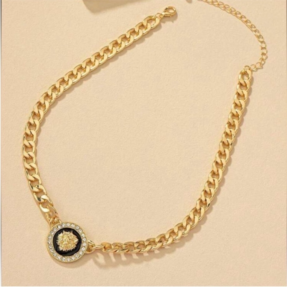 Gold and Black Lion Medallion Choker Necklace - Picture 3 of 4